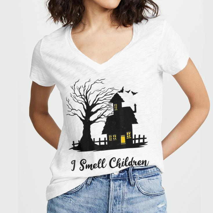 I Smell Children Kids Funny Costume Halloween Witch House Women's Jersey Short Sleeve Deep V-Neck Tshirt
