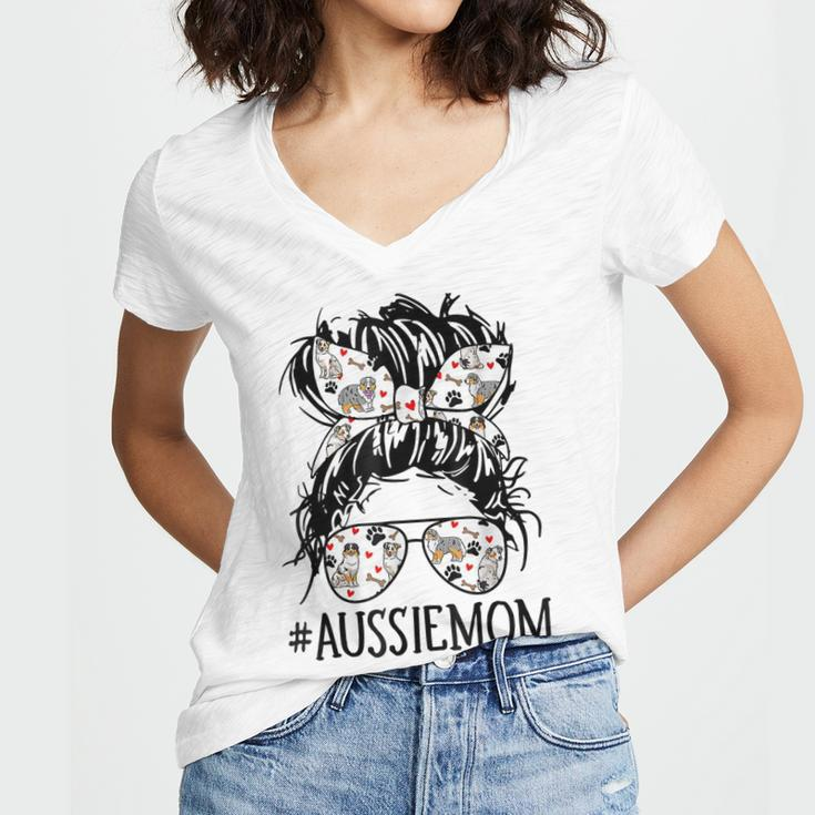 Messy Bun Mom Aussie Mom Glasses Mothers Day Dog Lovers Women's Jersey Short Sleeve Deep V-Neck Tshirt