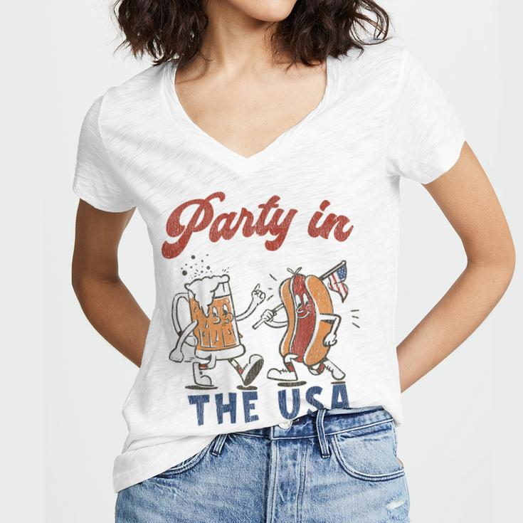 Party In The Usa Hot Dog Love Usa Funny Fourth Of July Women's Jersey Short Sleeve Deep V-Neck Tshirt