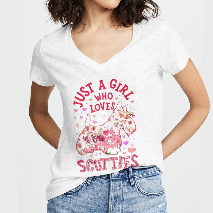 Scottie Scottish Terrier Just A Girl Who Loves Dog Flower Women's Jersey Short Sleeve Deep V-Neck Tshirt