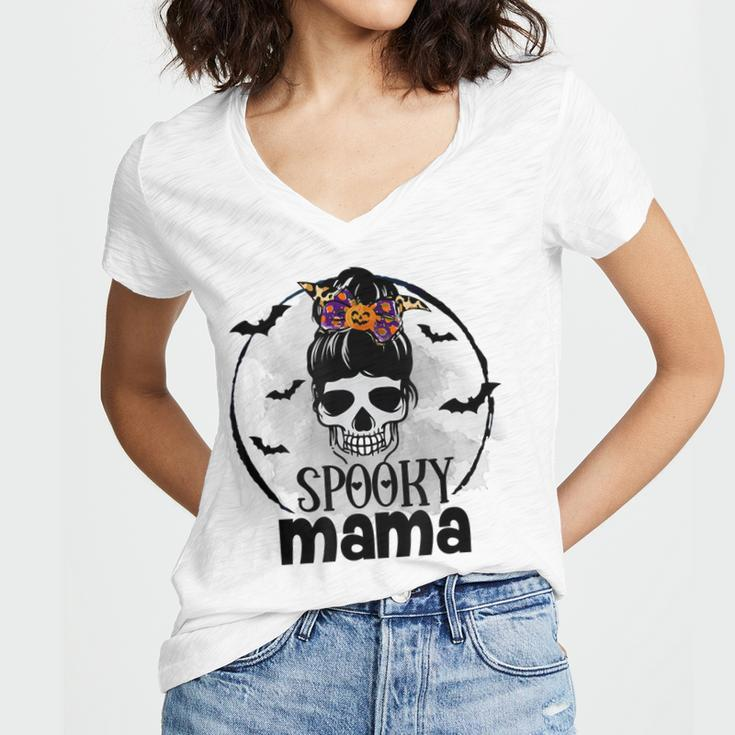 Spooky Mama Funny Halloween Mom Messy Bun Spooky Vibes Women's Jersey Short Sleeve Deep V-Neck Tshirt
