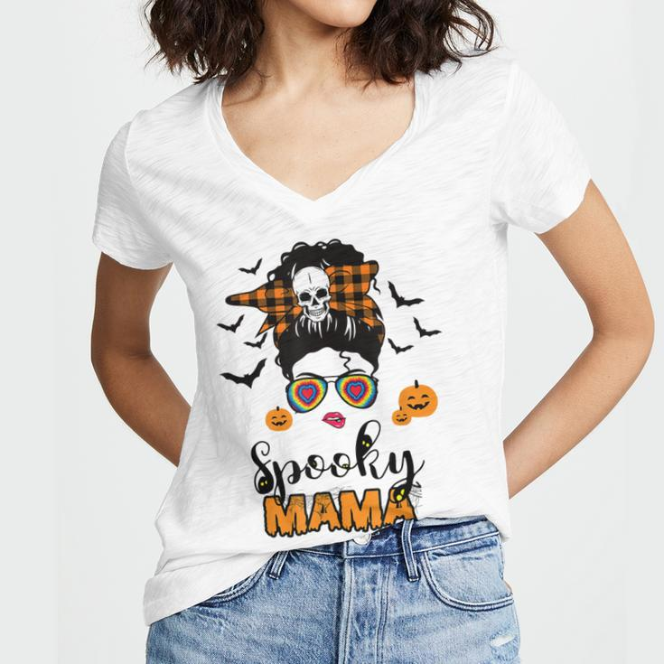 Spooky Mama Messy Bun For Halloween Messy Bun Mom Monster Women's Jersey Short Sleeve Deep V-Neck Tshirt