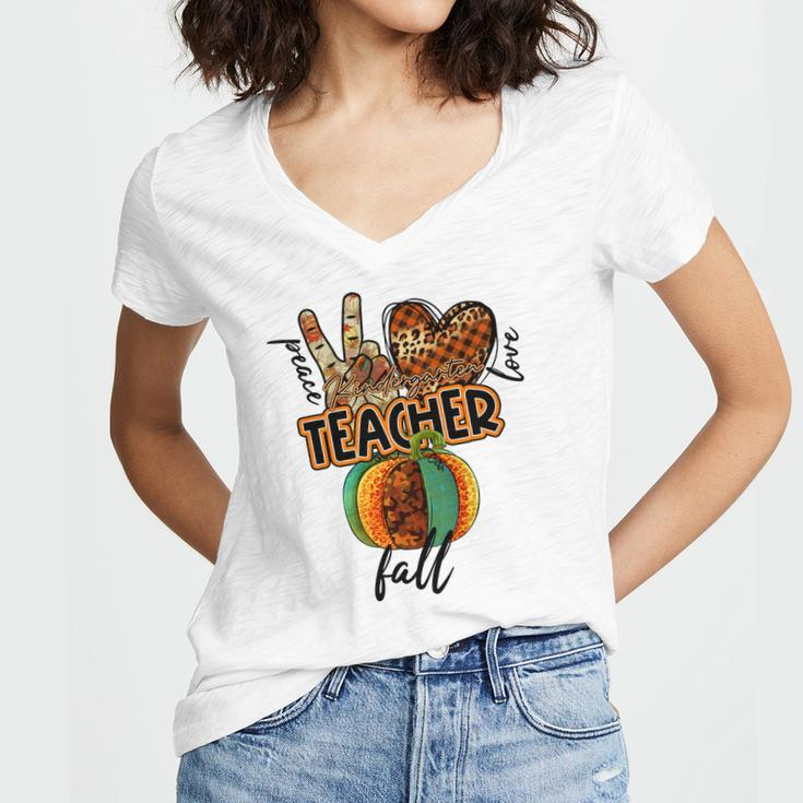 Teacher Peace Love Fall Kindergarten Women's Jersey Short Sleeve Deep V-Neck Tshirt
