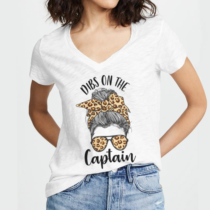 Womens Funny Captain Wife Dibs On The Captain Saying Cute Messy Bun Women's Jersey Short Sleeve Deep V-Neck Tshirt