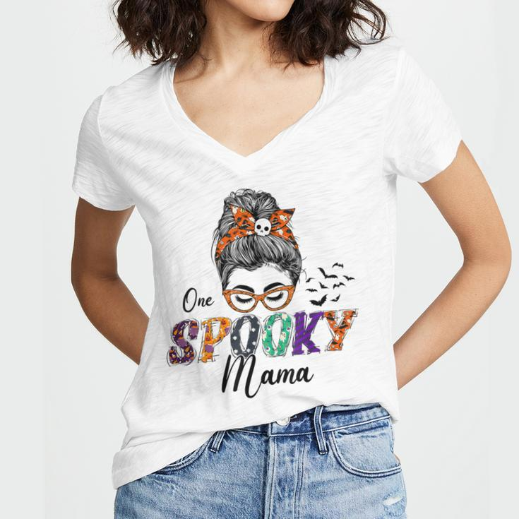 Womens Halloween One Spooky Mama Family Matching Costume Women's Jersey Short Sleeve Deep V-Neck Tshirt