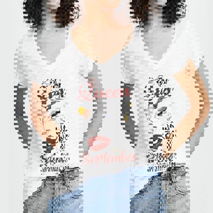 Womens This Queen Was Born In September Happy Birthday To Me Women's Jersey Short Sleeve Deep V-Neck Tshirt Womens This Queen Was Born In September Happy Birthday To Me Women's Jersey Short Sleeve Deep V-Neck Tshirt