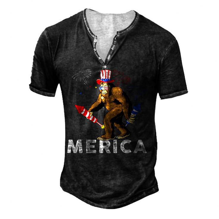 Bigfoot Fireworks Merica 4Th Of July Sasquatch Mens Men's Henley T-Shirt