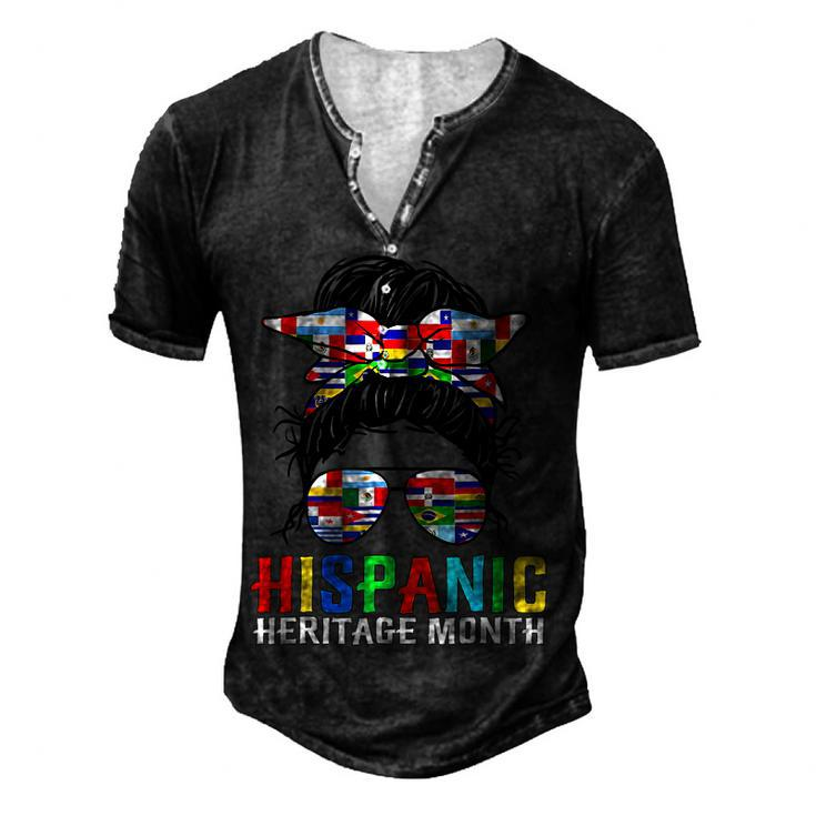 Gifts National Hispanic Heritage Month Latin Flags Messy Bun V2 Men's Henley Button-Down 3D Print T-shirt