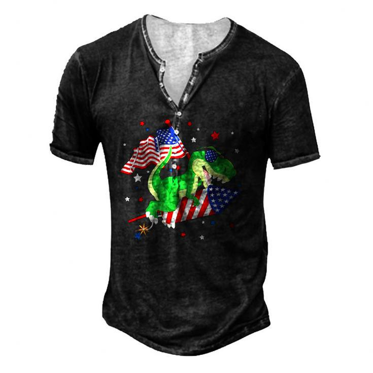 Patriotic Dinosaur Fireworks &8211 Usa American Flag 4Th Of July Men's Henley T-Shirt
