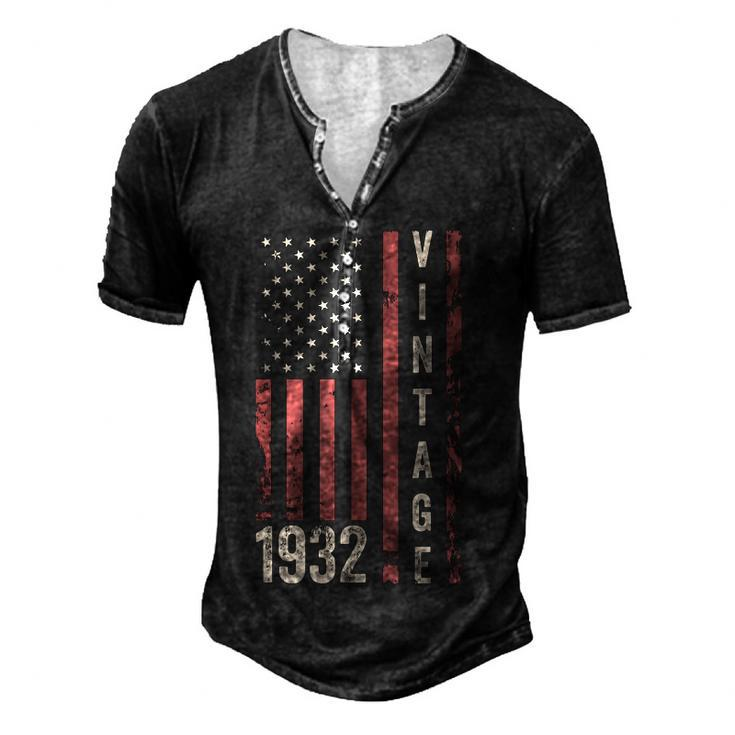 Vintage 1932 90Th Birthday 90 Years Old American Flag Men's Henley T-Shirt