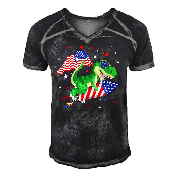 Patriotic Dinosaur Fireworks &8211 Usa American Flag 4Th Of July Men's Short Sleeve V-neck 3D Print Retro Tshirt