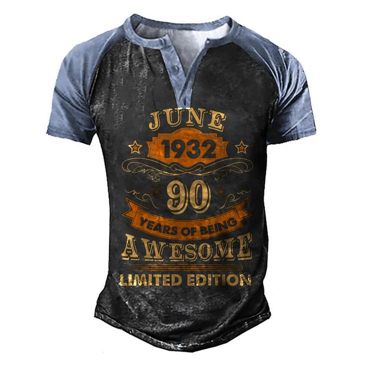 June 90 Year Old Vintage 1932 90Th Birthday  Men's Henley Shirt Raglan Sleeve 3D Print T-shirt