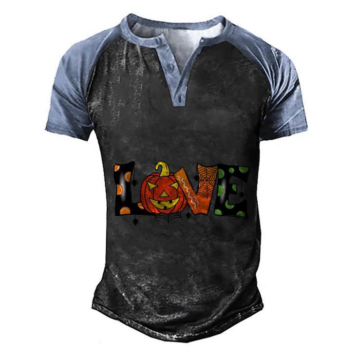 Love Halloween With Pumpkin Skull And Finished By Love Word Men's Henley Shirt Raglan Sleeve 3D Print T-shirt - Thegiftio