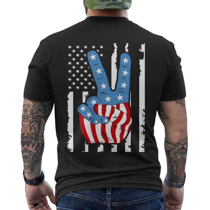 4Th Of July Peace Hand American Flag Men's Crewneck Short Sleeve Back Print T-shirt