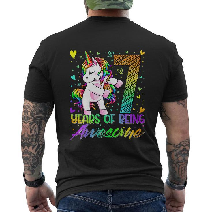 7Th Birthday 7 Year Old Girl Flossing Funny Unicorn Party Men's Crewneck Short Sleeve Back Print T-shirt