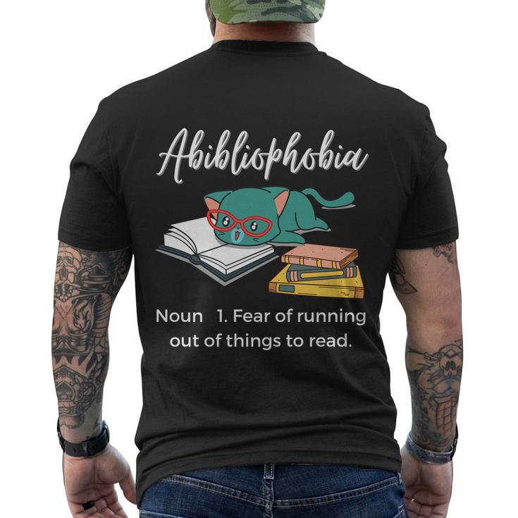 Abibliophobia Book Lover Cat Reading Funny Gift Men's Crewneck Short Sleeve Back Print T-shirt