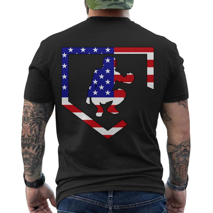 American Baseball Catcher Flag Tshirt Men's Crewneck Short Sleeve Back Print T-shirt