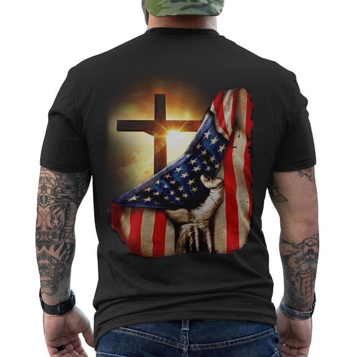 American Christian Cross Patriotic Flag Tshirt Men's Crewneck Short Sleeve Back Print T-shirt