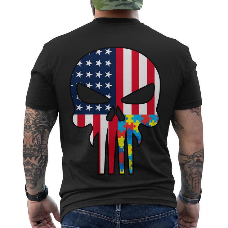 Autism Awareness American Skull Tshirt Men's Crewneck Short Sleeve Back Print T-shirt