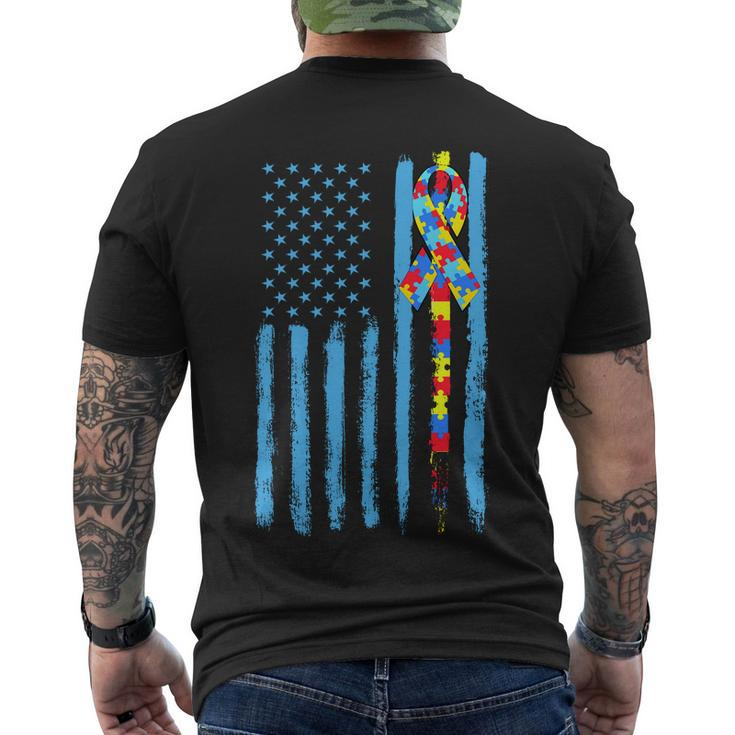 Autism Awareness Puzzle American Flag Tshirt Men's Crewneck Short Sleeve Back Print T-shirt