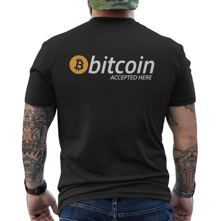 Bitcoin Accepted Here Cryptocurrency Logo Men's Crewneck Short Sleeve Back Print T-shirt