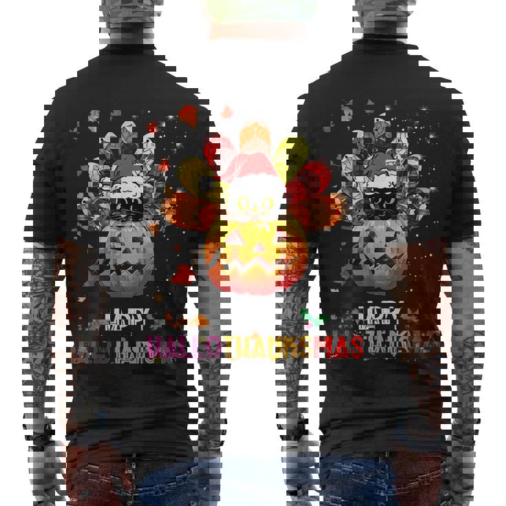 Black Cat Halloween And Merry Christmas Happy Hallothanksmas Men's T-shirt Back Print