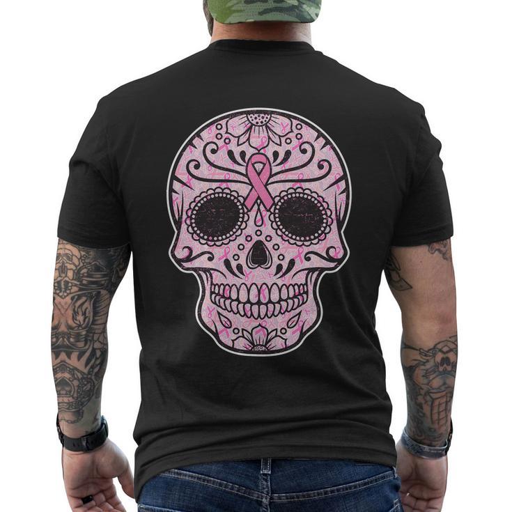 Breast Cancer Sugar Skull Day Of The Dead Dia De Los Muertos Men's Crewneck Short Sleeve Back Print T-shirt