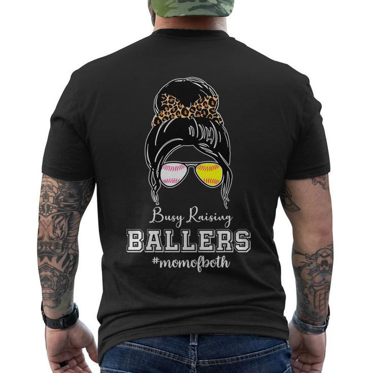 Busy Raising Ballers Mom Of Both Baseball Softball Messy Bun Sticker Features De Men's Crewneck Short Sleeve Back Print T-shirt