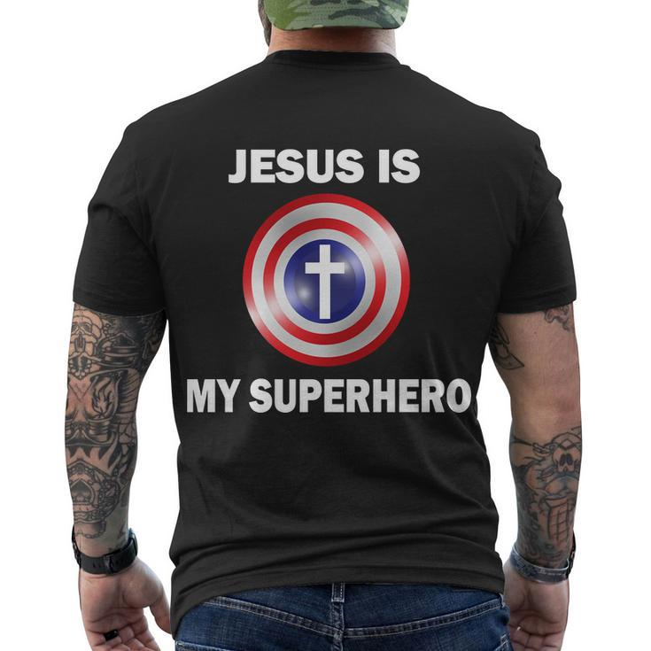 Captain Jesus Is My Superhero Cross Logo Men's Crewneck Short Sleeve Back Print T-shirt