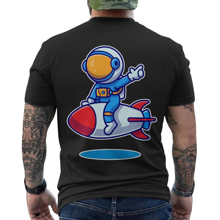 Cute Astronaut On Rocket Cartoon Men's Crewneck Short Sleeve Back Print T-shirt