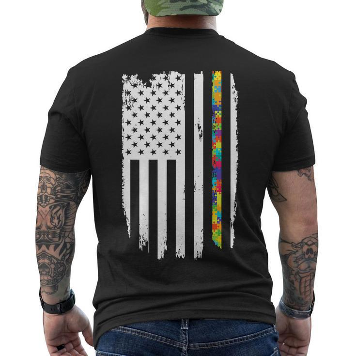 Distress Thin Puzzle Line Autism Awareness Tribute Flag Tshirt Men's Crewneck Short Sleeve Back Print T-shirt