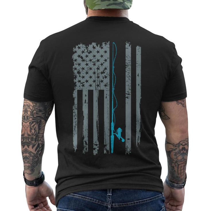 Distressed American Flag Fishing Pole Men's Crewneck Short Sleeve Back Print T-shirt