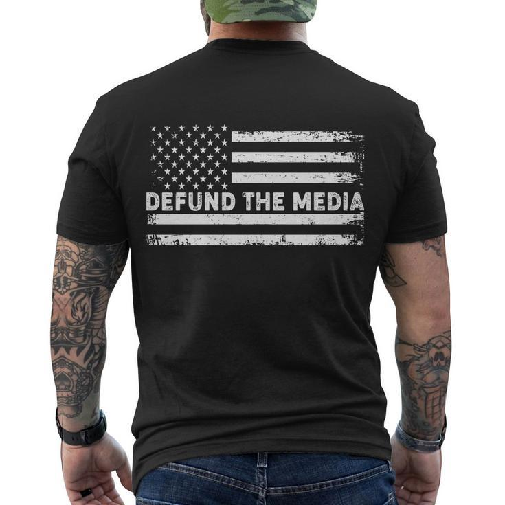 Distressed Defund The Media American Flag Men's Crewneck Short Sleeve Back Print T-shirt