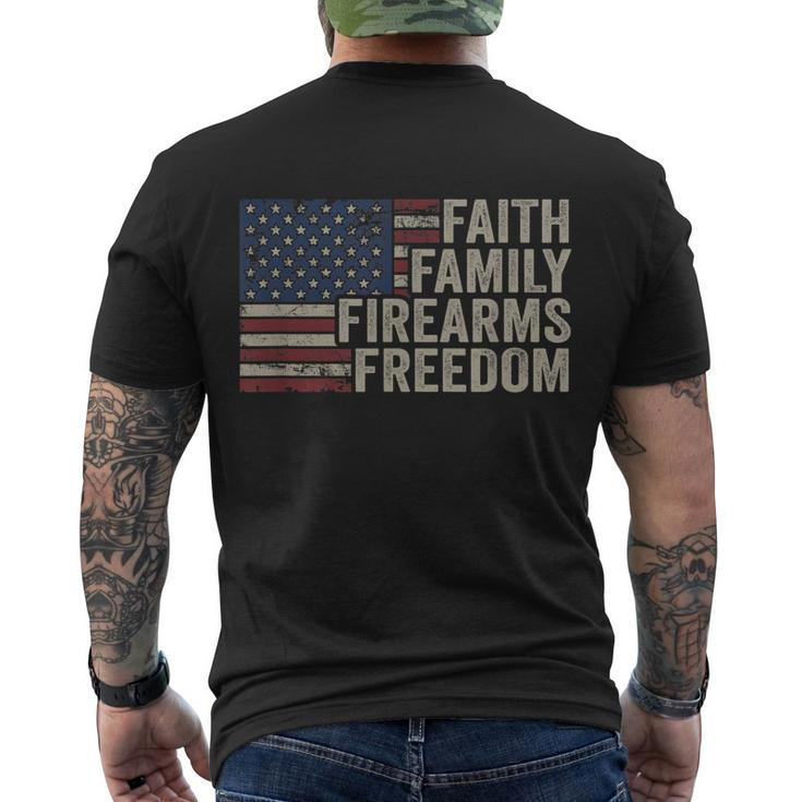 Faith Family Firearms & Freedom American Flag Pro God Guns Men's Crewneck Short Sleeve Back Print T-shirt