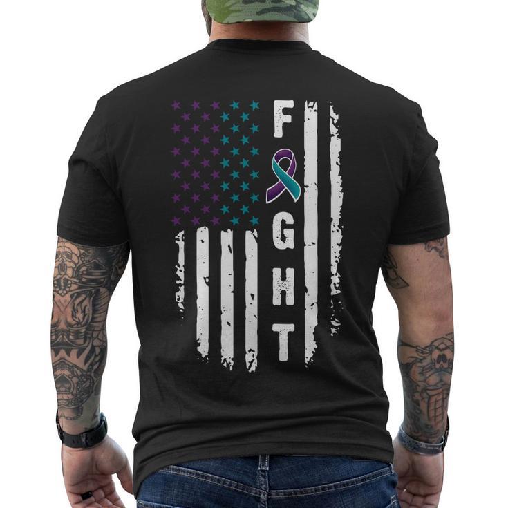 Fight Suicide Prevention Teal Purple Ribbon Us Flag Men's Crewneck Short Sleeve Back Print T-shirt