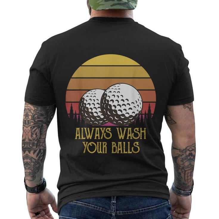 Funny Adult Humor Retro Sunset Golf Always Wash Your Balls Men's Crewneck Short Sleeve Back Print T-shirt