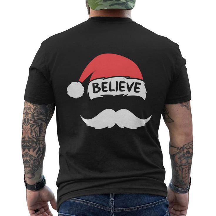 Funny Believe Santa Hat White Mustache Kids Family Christmas Men's Crewneck Short Sleeve Back Print T-shirt