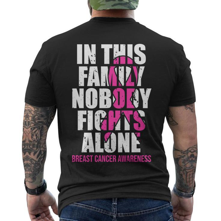 In This Family No One Fights Alone Breast Cancer Pink Ribbon Men's Crewneck Short Sleeve Back Print T-shirt