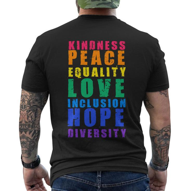 Kindness Peace Equality Love Inclusion Hope Diversity Human Rights Men's Crewneck Short Sleeve Back Print T-shirt