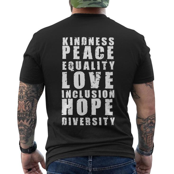 Kindness Peace Equality Love Inclusion Hope Diversity Human Rights V2 Men's Crewneck Short Sleeve Back Print T-shirt