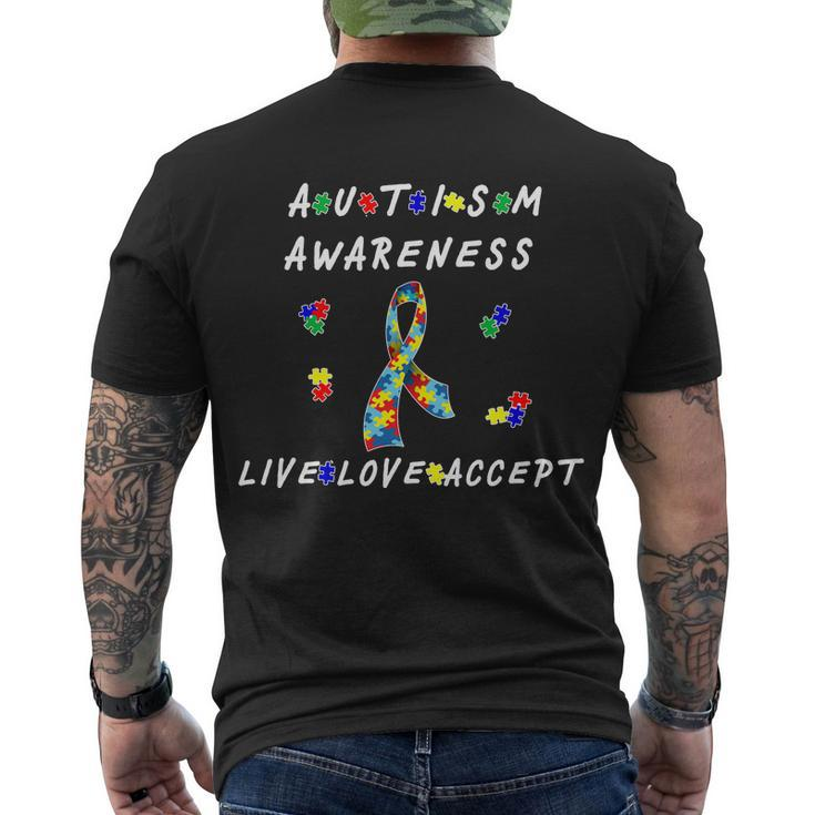 Live Love Accept Autism Puzzle Piece Ribbon Men's Crewneck Short Sleeve Back Print T-shirt