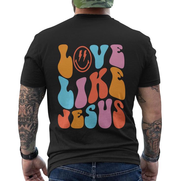 Love Like Jesus Smiley Face Aesthetic Funny Christian Men's Crewneck Short Sleeve Back Print T-shirt