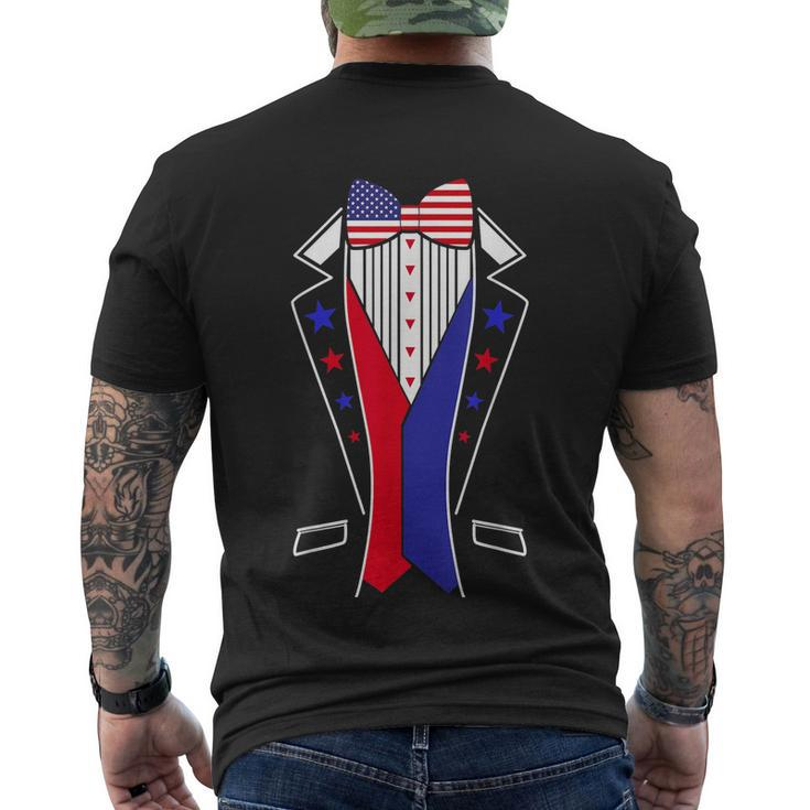 Mens 4Th Of July Tuxedo Costume Bow Tie American Flag Usa Men's Crewneck Short Sleeve Back Print T-shirt