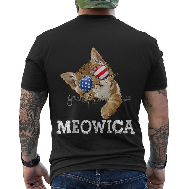 Meowica American Flag Cool Joke Cat Sunglusses 4Th Of July Men's Crewneck Short Sleeve Back Print T-shirt