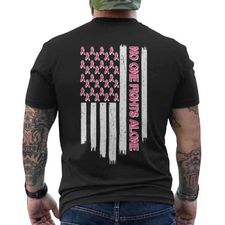 No One Fights Alone Breast Cancer Awareness American Pink Ribbons Flag Men's Crewneck Short Sleeve Back Print T-shirt