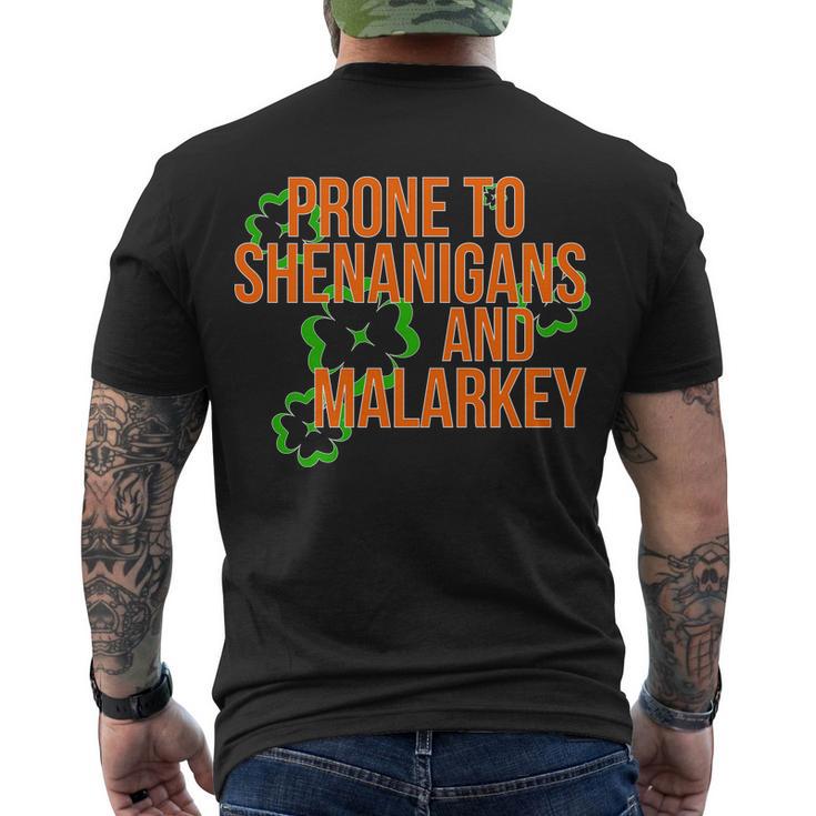 Prone To Shenanigans And Malarkey St Pattys Day Men's Crewneck Short Sleeve Back Print T-shirt