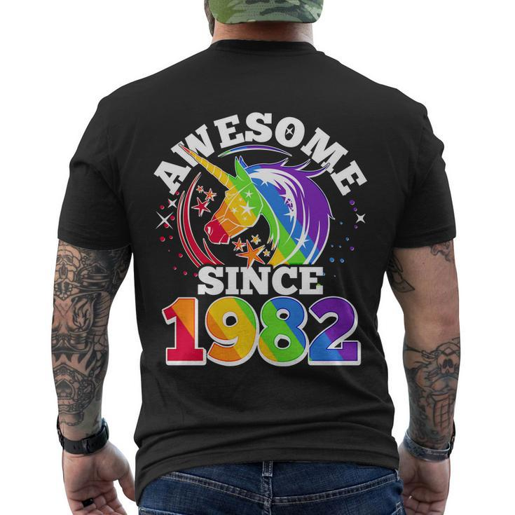 Rainbow Unicorn Awesome Since 1982 40Th Birthday Men's Crewneck Short Sleeve Back Print T-shirt