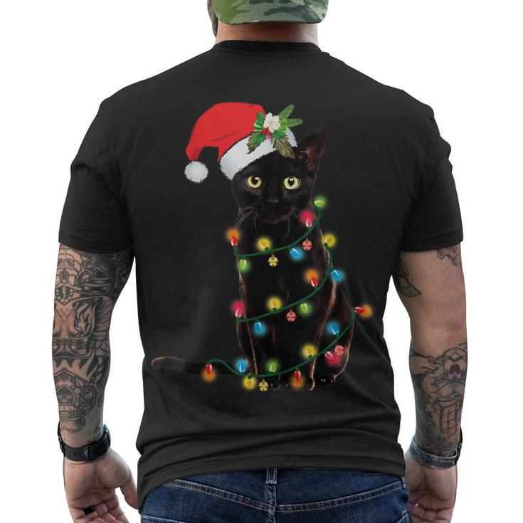 Santa Black Cat Tangled Up In Christmas Tree Lights Holiday Men's T-shirt Back Print