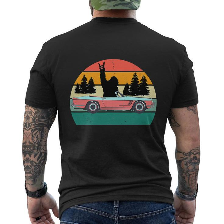 Sasquatch Bigfoot Driving Car Retro Sunset Funny Men's Crewneck Short Sleeve Back Print T-shirt