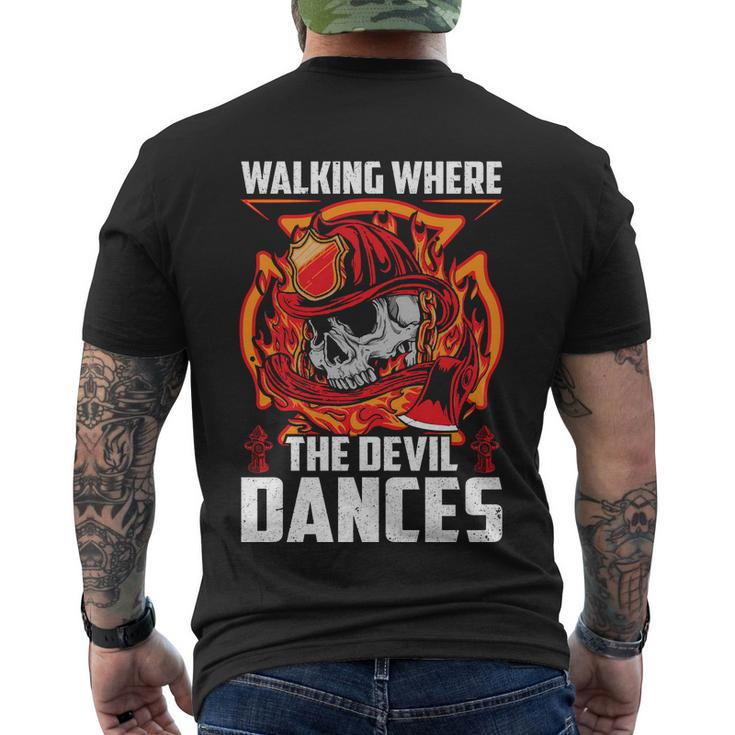 Walking Where The Evil Dances Proud To Be A Firefighter Usa Flag Men's Crewneck Short Sleeve Back Print T-shirt